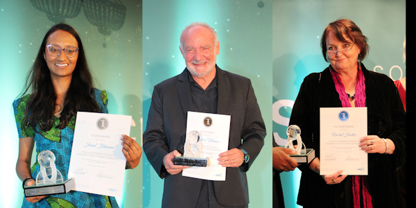 L_R Dr Jinal Bhiman silver medal, Prof. Steve Tollman gold medal, Prof. Rachel Jewkes platinum lifetime achievement SAMRC scientific merit awards 600x300.j